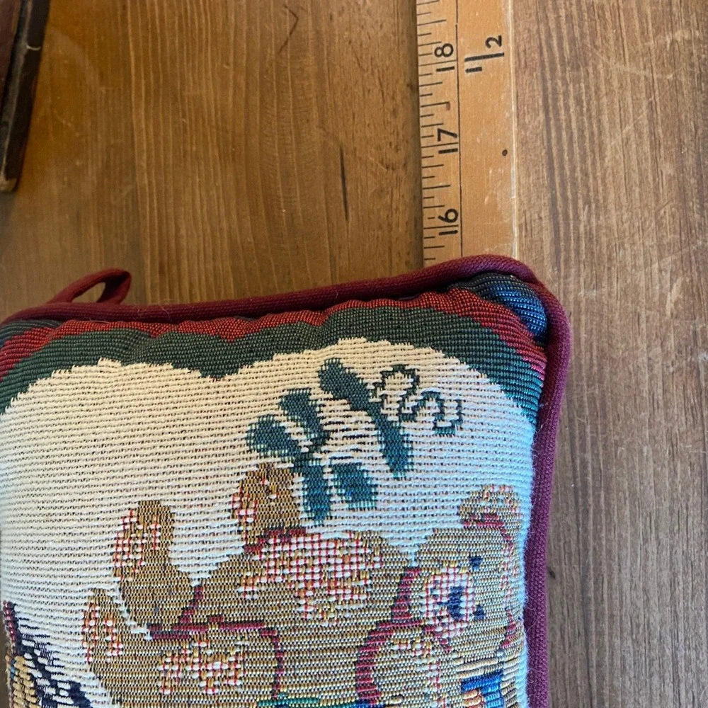 Vintage Christmas Stocking Tapestry Pillow Nutcracker Teddy Bear Burgundy Back‎